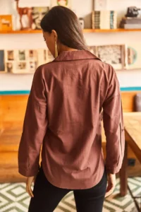 Olalook Women's Bitter Brown Pocketed Loose Woven Linen Shirt with Embroidery Detail - Image 2