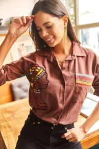 Olalook Women's Bitter Brown Pocketed Loose Woven Linen Shirt with Embroidery Detail - Image 3