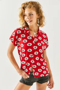 Olalook Women's Red Patterned Patterned Woven Bat Shirt - Image 2
