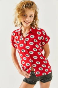 Olalook Women's Red Patterned Patterned Woven Bat Shirt - Image 4