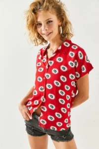 Olalook Women's Red Patterned Patterned Woven Bat Shirt - Image 5