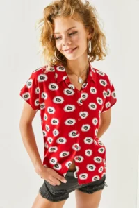 Olalook Women's Red Patterned Patterned Woven Bat Shirt - Image 6