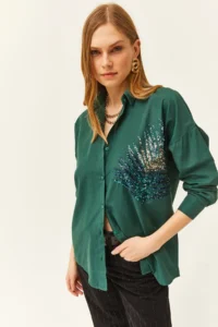 Olalook Women's Emerald Green Palm Sequin Detailed Oversize Woven Poplin Shirt - Image 2