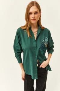 Olalook Women's Emerald Green Palm Sequin Detailed Oversize Woven Poplin Shirt - Image 3