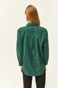 Olalook Women's Emerald Green Palm Sequin Detailed Oversize Woven Poplin Shirt - Image 4
