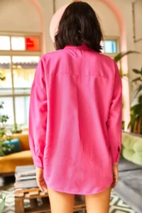 Olalook Women's Fuchsia Palm Sequin Detailed Oversize Woven Poplin Shirt - Image 2