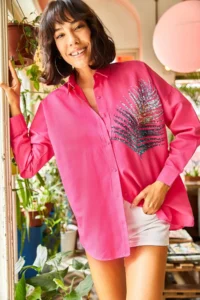 Olalook Women's Fuchsia Palm Sequin Detailed Oversize Woven Poplin Shirt - Image 4