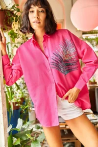 Olalook Women's Fuchsia Palm Sequin Detailed Oversize Woven Poplin Shirt - Image 6