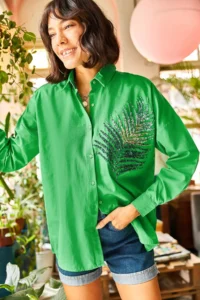 Olalook Women's Grass Green Palm Sequin Detailed Oversize Woven Poplin Shirt