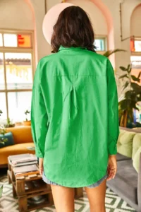 Olalook Women's Grass Green Palm Sequin Detailed Oversize Woven Poplin Shirt - Image 2