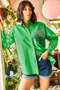 Olalook Women's Grass Green Palm Sequin Detailed Oversize Woven Poplin Shirt - Image 3