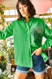 Olalook Women's Grass Green Palm Sequin Detailed Oversize Woven Poplin Shirt - Image 4