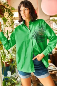 Olalook Women's Grass Green Palm Sequin Detailed Oversize Woven Poplin Shirt - Image 5