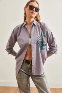 Olalook Women's Gray Palm Sequin Detailed Oversize Woven Poplin Shirt - Image 2