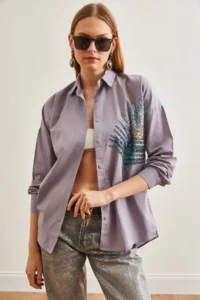 Olalook Women's Gray Palm Sequin Detailed Oversize Woven Poplin Shirt - Image 3