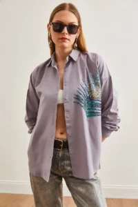 Olalook Women's Gray Palm Sequin Detailed Oversize Woven Poplin Shirt - Image 4