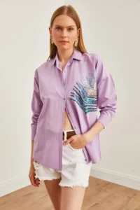 Olalook Women's Lilac Palm Sequin Detailed Oversize Woven Poplin Shirt - Image 2