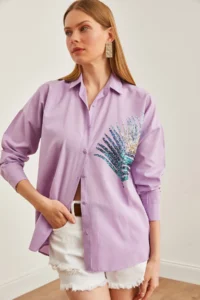 Olalook Women's Lilac Palm Sequin Detailed Oversize Woven Poplin Shirt - Image 3