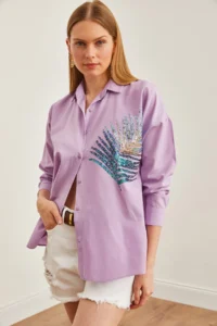 Olalook Women's Lilac Palm Sequin Detailed Oversize Woven Poplin Shirt - Image 4