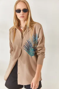Olalook Mink Palm Sequin Detailed Oversize Woven Poplin Shirt