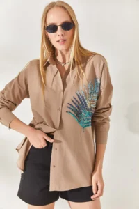 Olalook Mink Palm Sequin Detailed Oversize Woven Poplin Shirt - Image 2