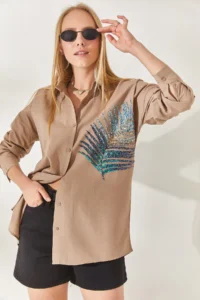 Olalook Mink Palm Sequin Detailed Oversize Woven Poplin Shirt - Image 3