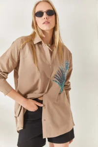 Olalook Mink Palm Sequin Detailed Oversize Woven Poplin Shirt - Image 4