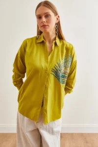 Olalook Women's Oil Green Palm Sequin Detailed Oversize Woven Poplin Shirt - Image 2