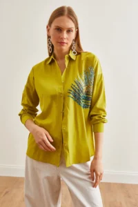 Olalook Women's Oil Green Palm Sequin Detailed Oversize Woven Poplin Shirt - Image 3