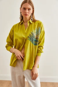 Olalook Women's Oil Green Palm Sequin Detailed Oversize Woven Poplin Shirt - Image 4