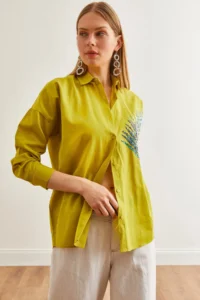 Olalook Women's Oil Green Palm Sequin Detailed Oversize Woven Poplin Shirt - Image 5