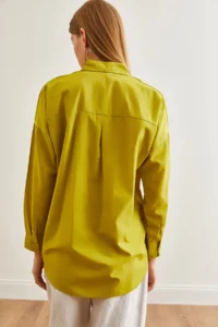 Olalook Women's Oil Green Palm Sequin Detailed Oversize Woven Poplin Shirt - Image 6