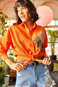 Olalook Women's Orange Palm Sequin Detailed Oversize Woven Poplin Shirt