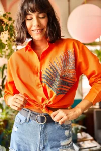 Olalook Women's Orange Palm Sequin Detailed Oversize Woven Poplin Shirt - Image 2