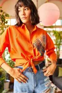 Olalook Women's Orange Palm Sequin Detailed Oversize Woven Poplin Shirt - Image 3