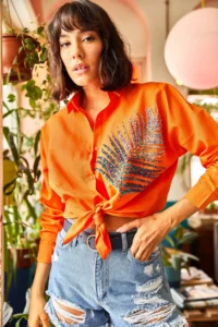Olalook Women's Orange Palm Sequin Detailed Oversize Woven Poplin Shirt - Image 4