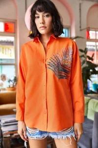 Olalook Women's Orange Palm Sequin Detailed Oversize Woven Poplin Shirt - Image 6