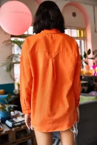Olalook Women's Orange Palm Sequin Detailed Oversize Woven Poplin Shirt - Image 7