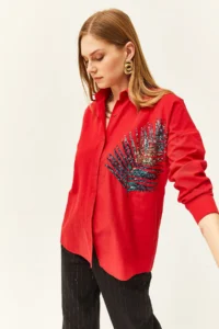 Olalook Women's Red Palm Sequin Detailed Oversize Woven Poplin Shirt - Image 2