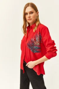 Olalook Women's Red Palm Sequin Detailed Oversize Woven Poplin Shirt - Image 3