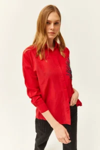 Olalook Women's Red Palm Sequin Detailed Oversize Woven Poplin Shirt - Image 4