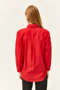 Olalook Women's Red Palm Sequin Detailed Oversize Woven Poplin Shirt - Image 5