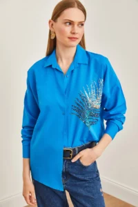 Olalook Women's Sky Blue Palm Sequin Detailed Oversize Woven Poplin Shirt - Image 2