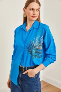 Olalook Women's Sky Blue Palm Sequin Detailed Oversize Woven Poplin Shirt - Image 3
