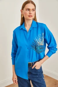 Olalook Women's Sky Blue Palm Sequin Detailed Oversize Woven Poplin Shirt - Image 4