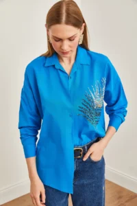 Olalook Women's Sky Blue Palm Sequin Detailed Oversize Woven Poplin Shirt - Image 5