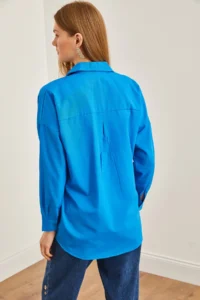 Olalook Women's Sky Blue Palm Sequin Detailed Oversize Woven Poplin Shirt - Image 6
