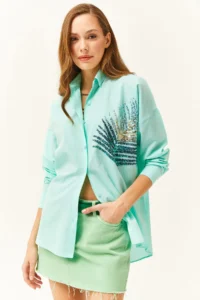 Olalook Women's Water Green Palm Sequin Detailed Oversize Woven Poplin Shirt