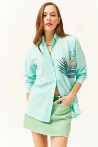 Olalook Women's Water Green Palm Sequin Detailed Oversize Woven Poplin Shirt - Image 2