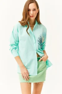 Olalook Women's Water Green Palm Sequin Detailed Oversize Woven Poplin Shirt - Image 3